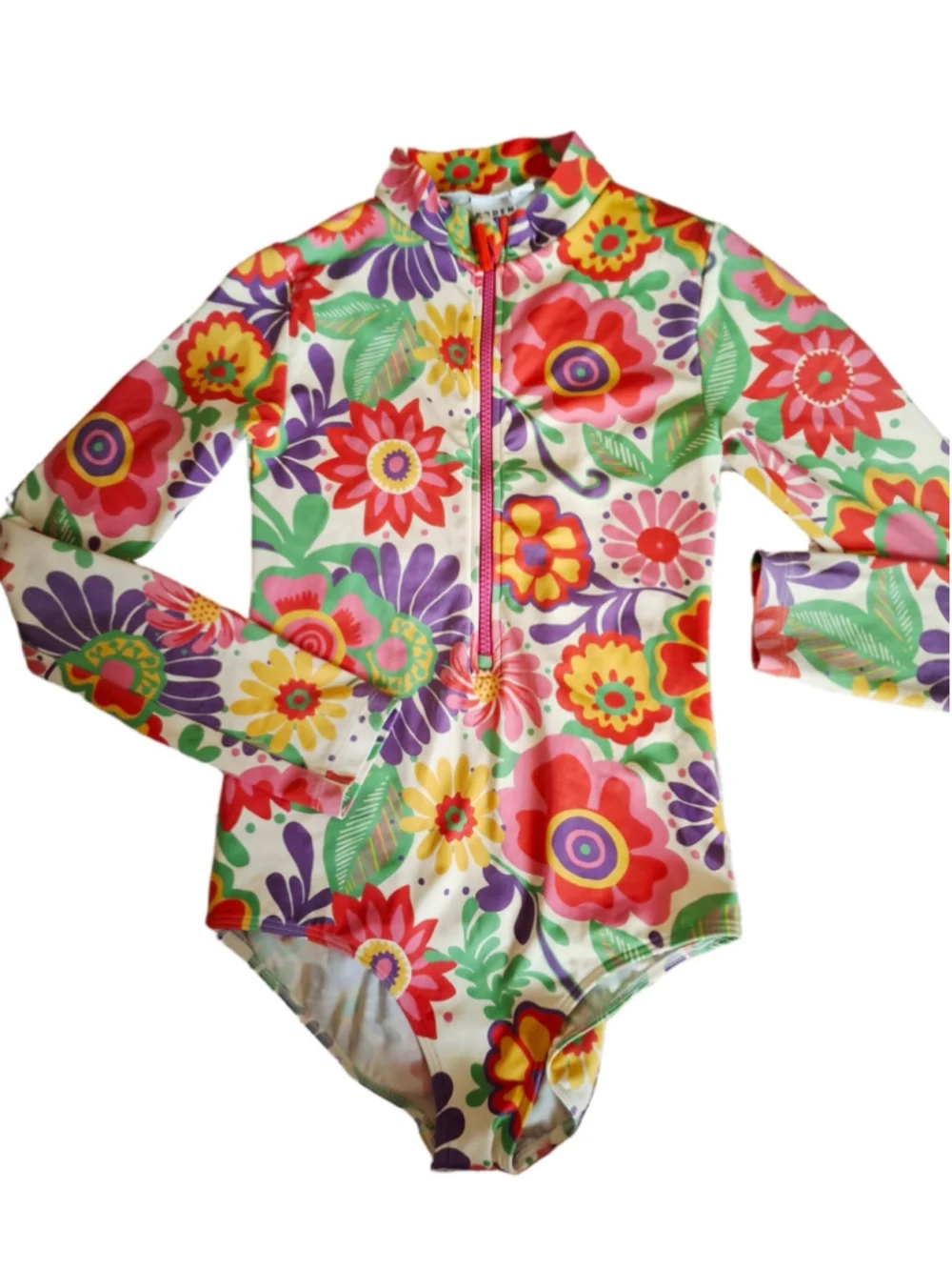 Boden Floral Long Sleeve Rashguard Swimsuit Size 12 White Multi-color